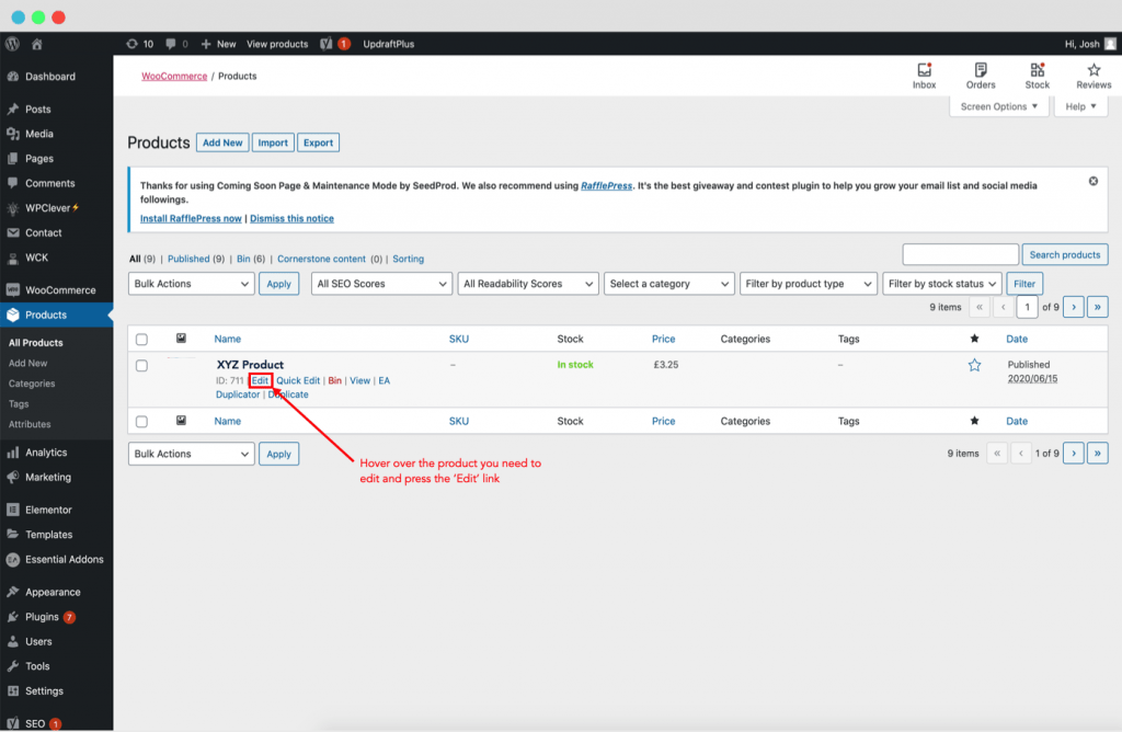 Editing a product in WooCommerce
