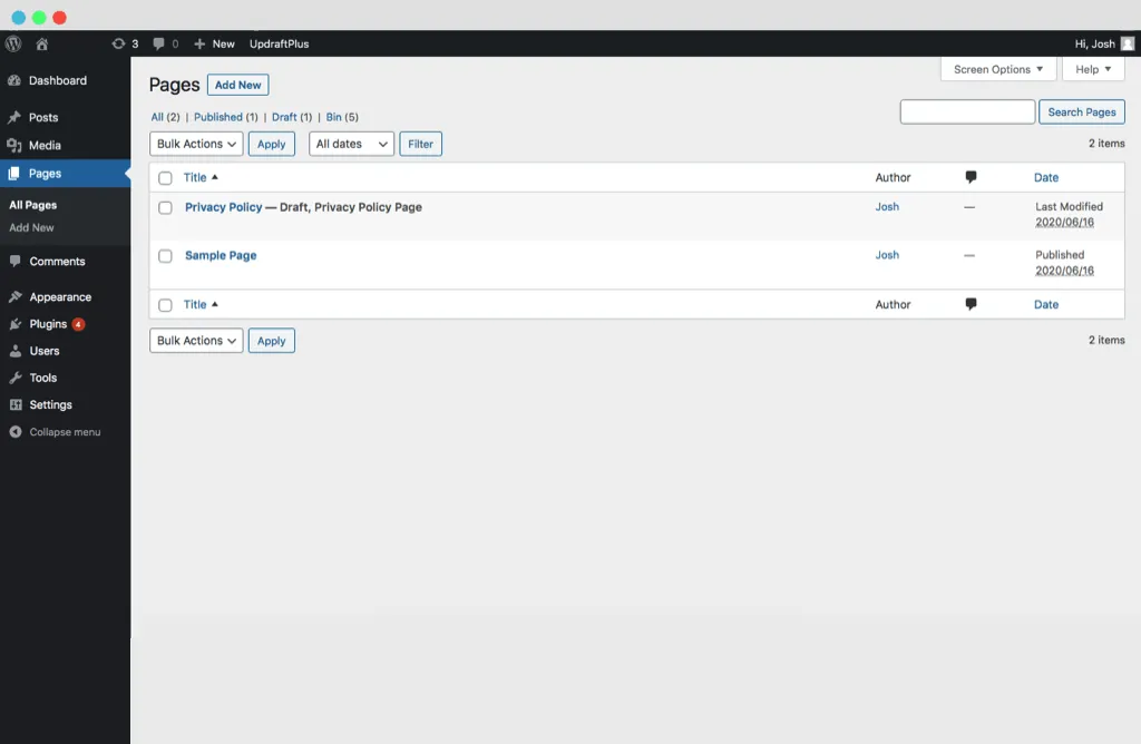 WordPress Pages Section Screenshot