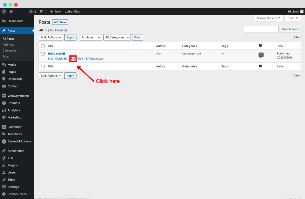 Moving a post to 'Bin' in WordPress