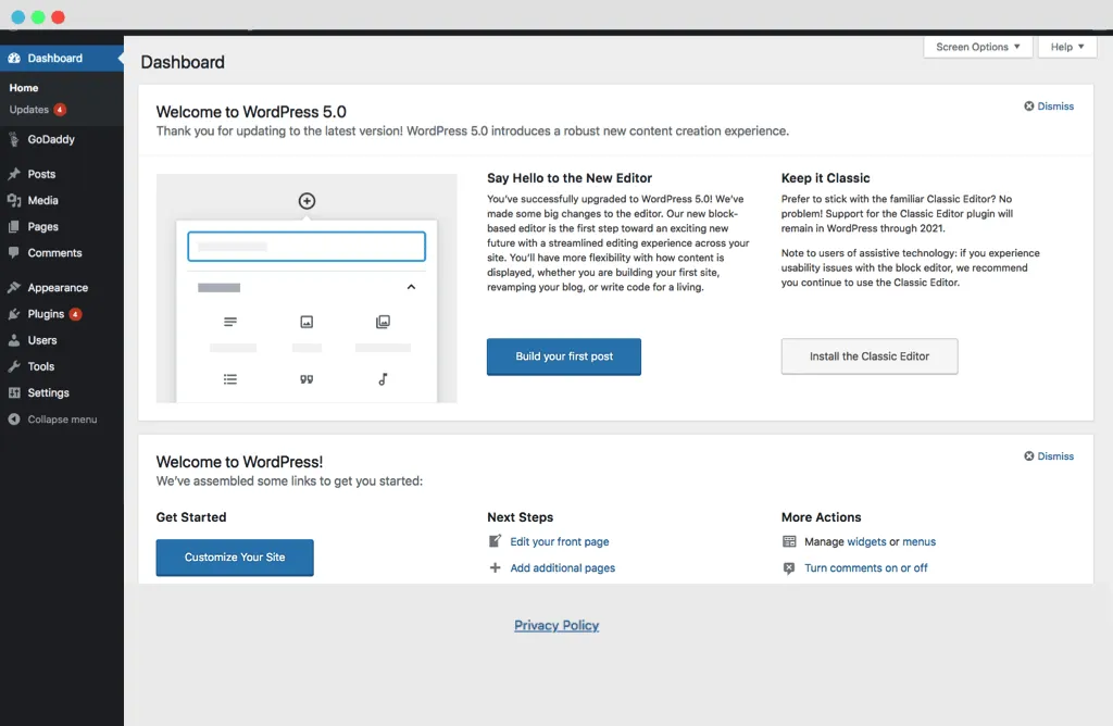 WordPress admin dashboard