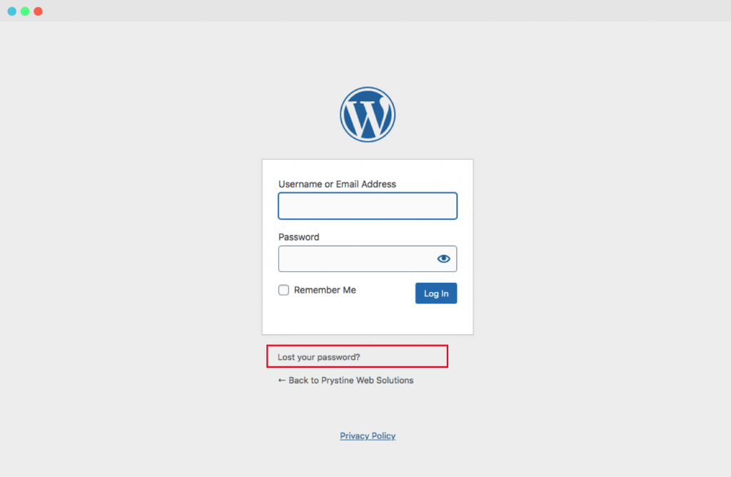 WordPress Login Panel forgot Password highlighted