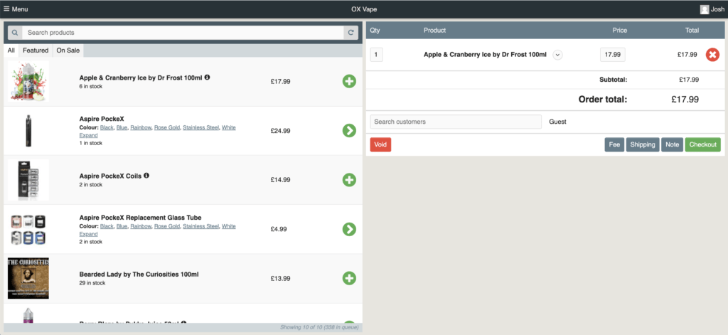 OX Vape POS checkout screenshot