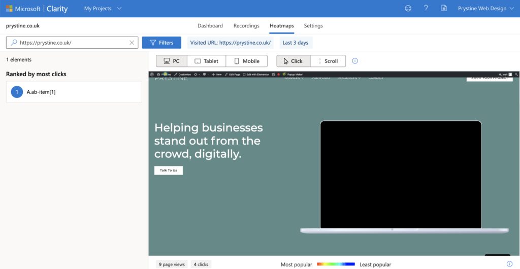 Microsoft Clarity click heatmap of the Prystine homepage with elements ranked by most clicks