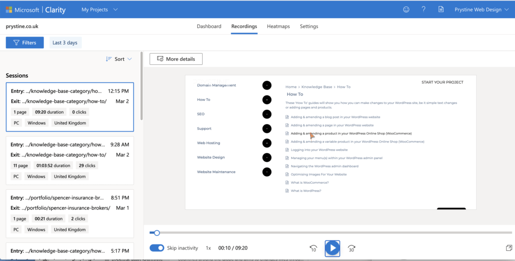 A screen grab of our Microsoft Clarity Screen Recordings page