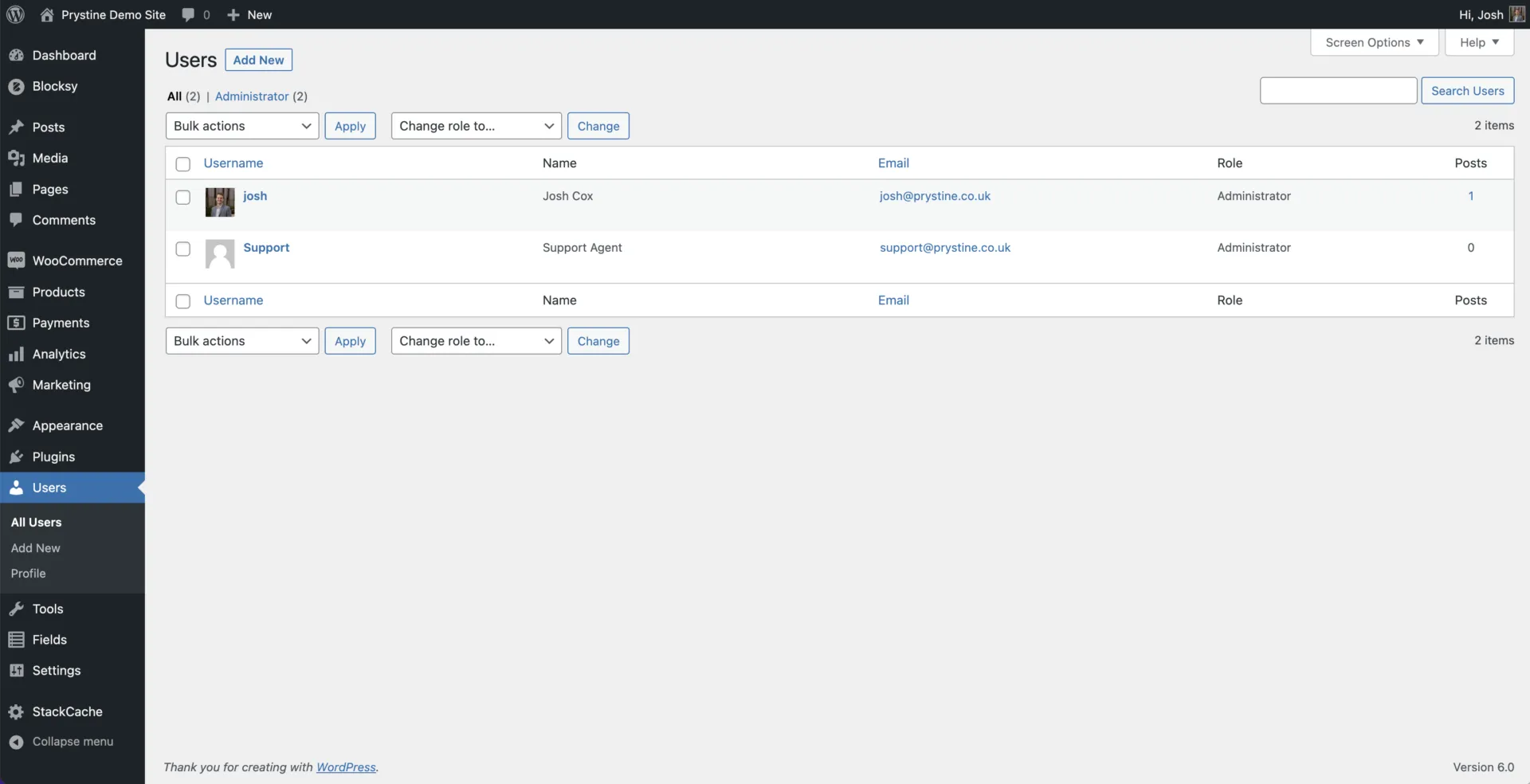 Users page in the WordPress admin panel