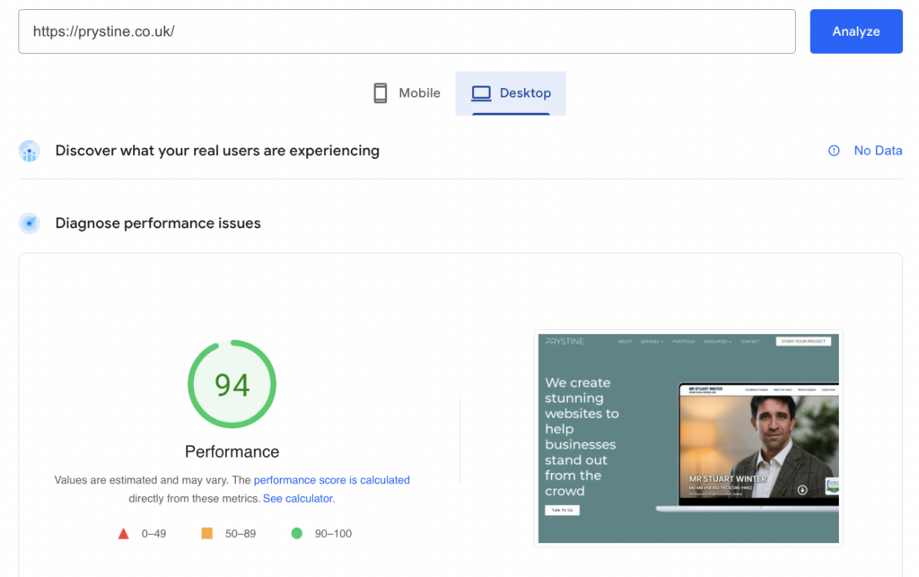 Google PageSpeed performance score of 94 for the Prystine homepage after migrating to WP Engine