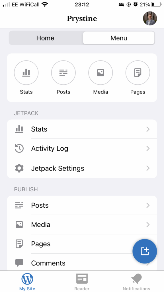 The main menu from within the WordPress mobile app.