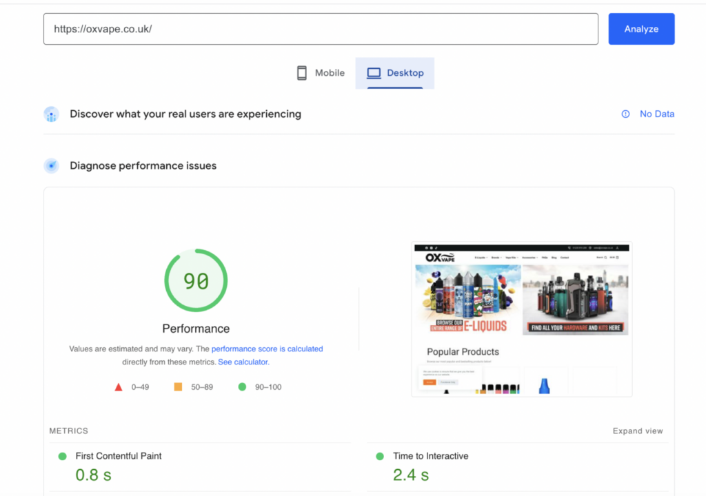 Google PageSpeed performance score of 90/100 for the Ox Vape website