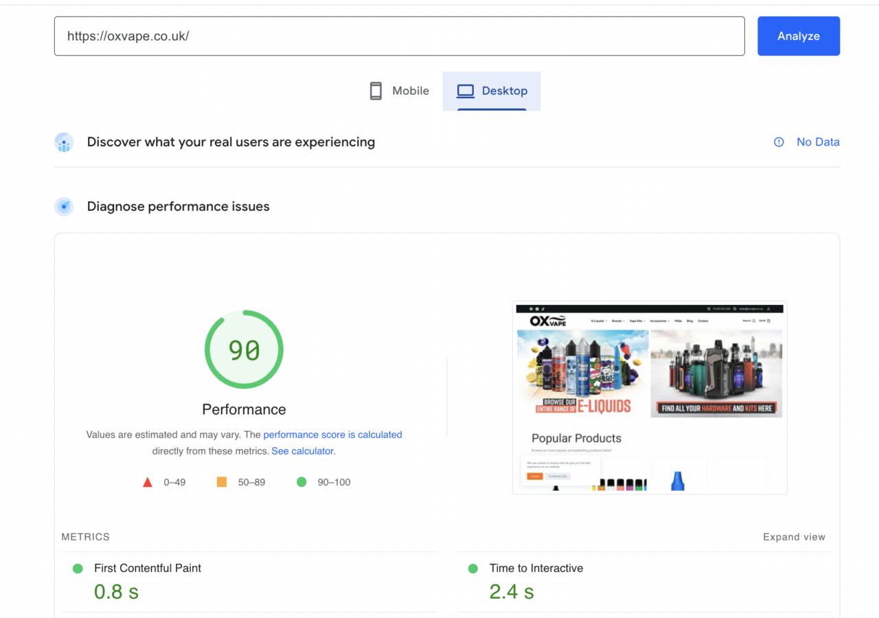 Ox Vape Google Page Speed Score of 90/100