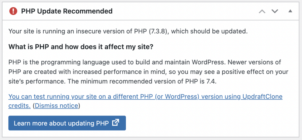 WordPress admin notice recommending a PHP update from the insecure version 7.3.8