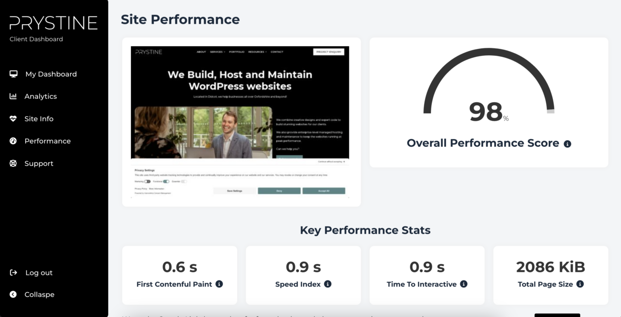 The dashboard performance tab showing an overall performance score of 98% and key stats including First Contentful Paint and Time to Interactive