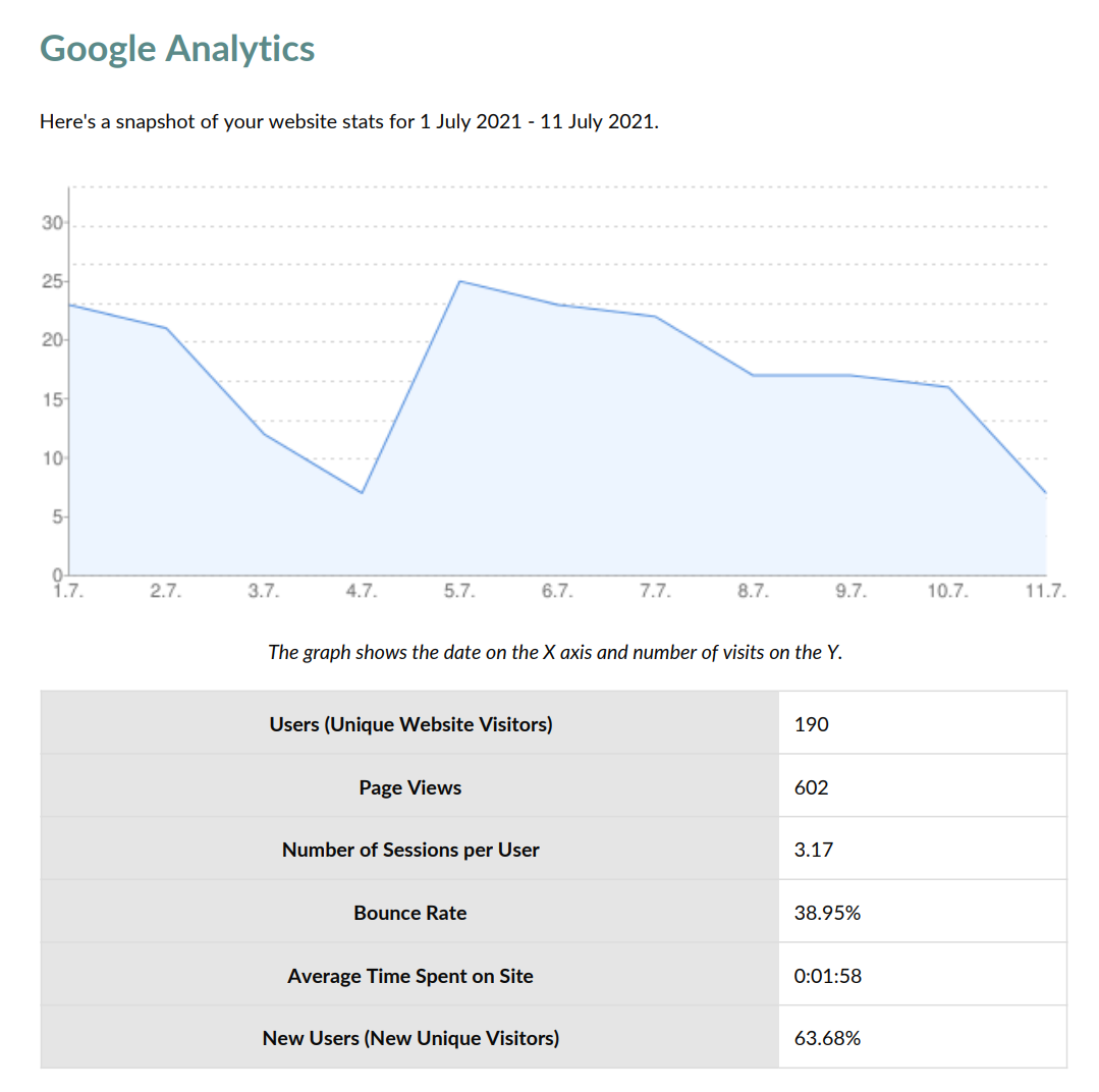 A Prystine care report showing a Google Analytics visits graph and a table of website stats such as users, page views and bounce rate