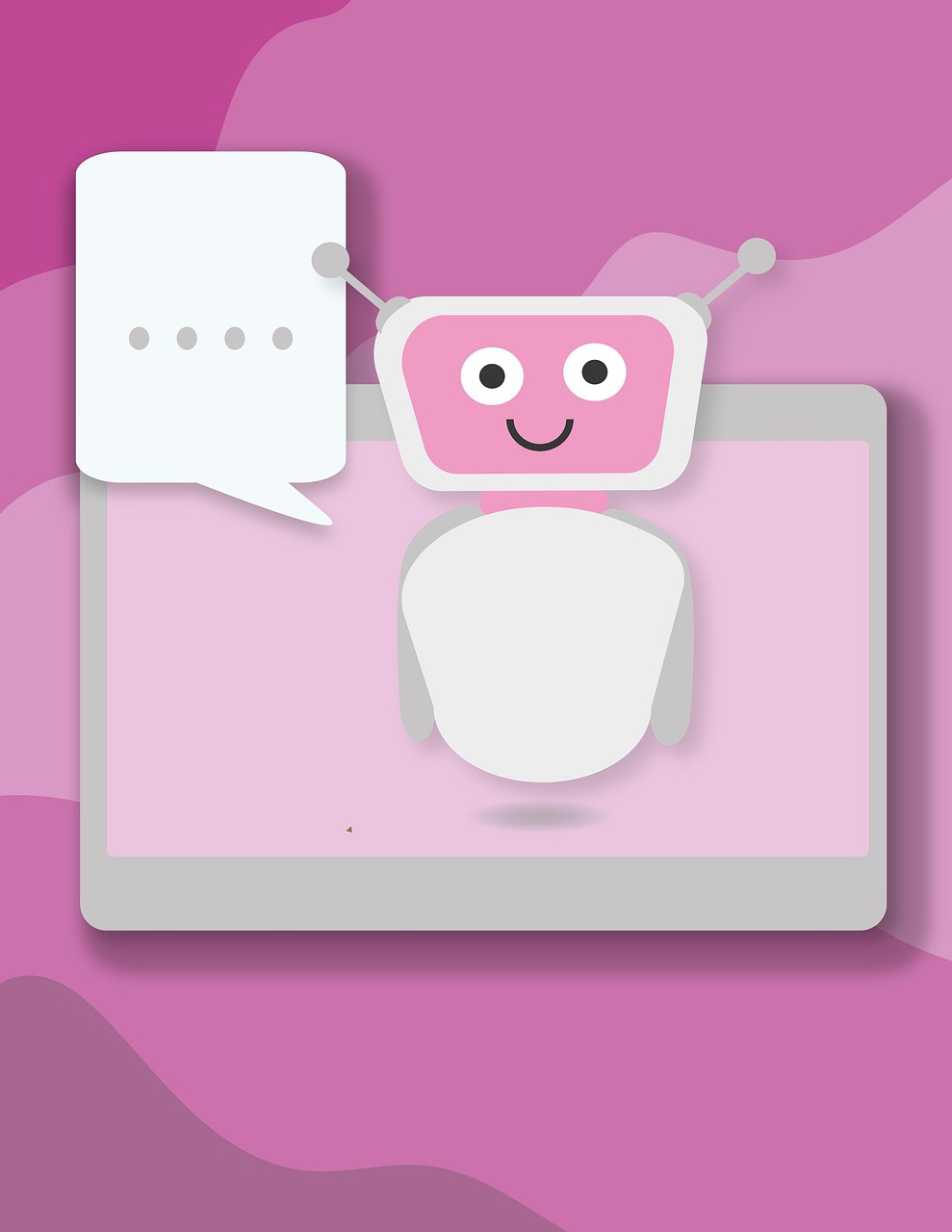 A friendly chatbot on a screen with a speech bubble