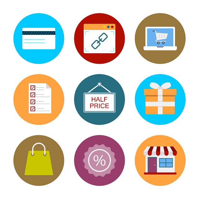 A grid of e-commerce icons including a payment card, shopping cart, basket and storefront