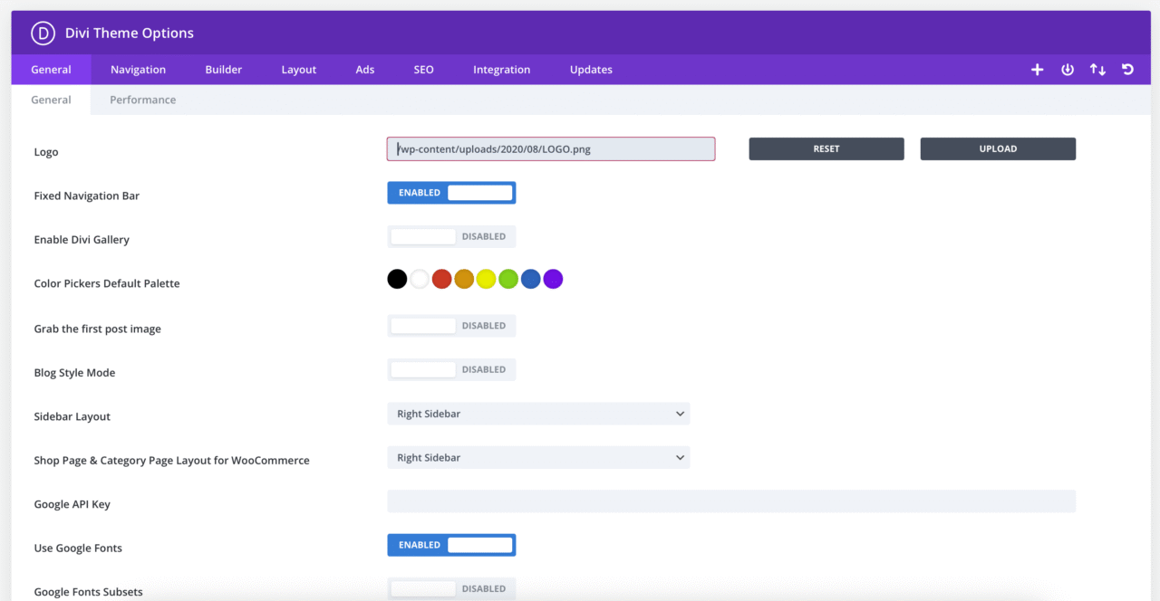 Divi Settings page