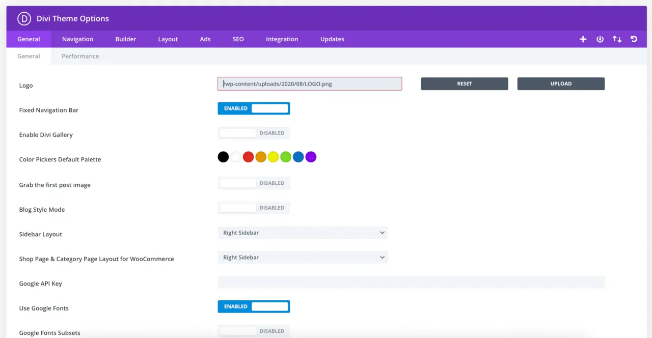 Divi Settings page
