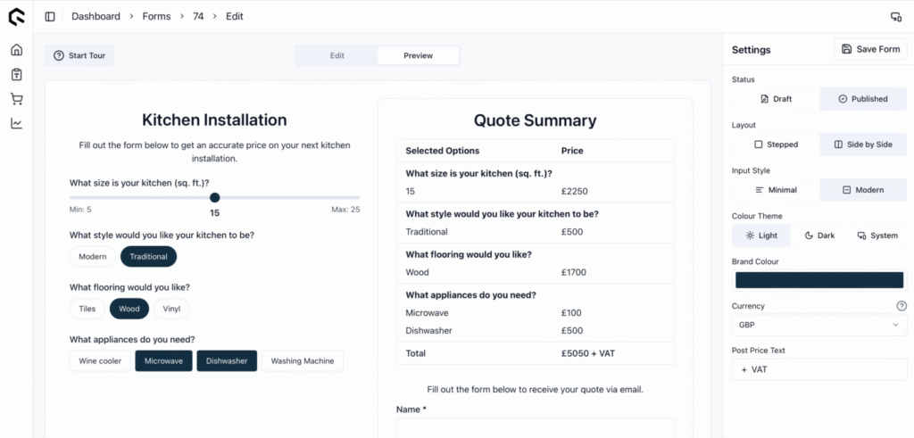 Quotify's Form Builder in the preview mode