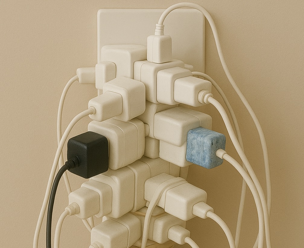 Far too many plugs and plug extensions plugged into one wall socket