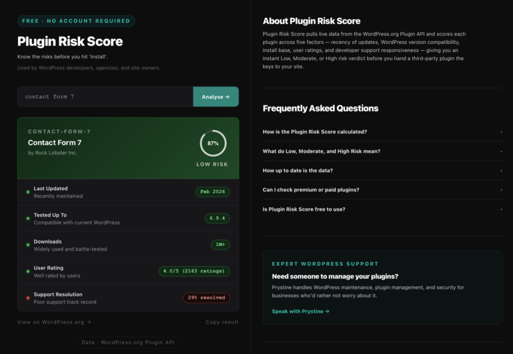 Plugin Risk Score Screengrab