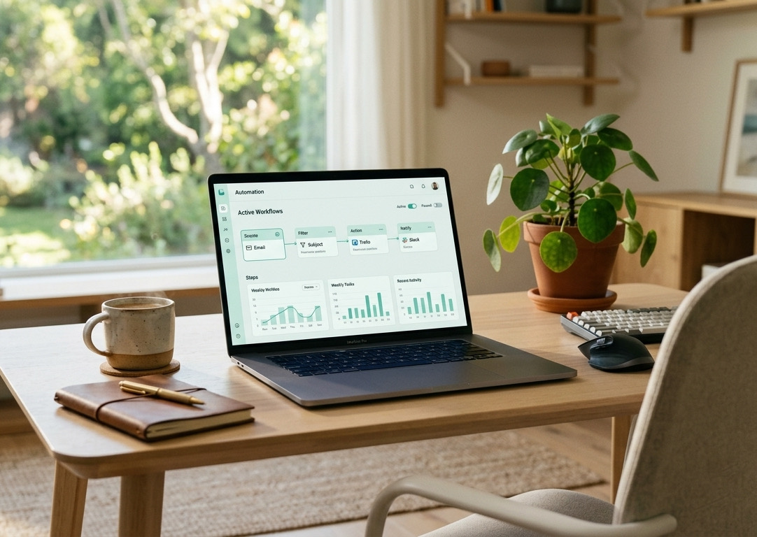 A laptop on a desk showing an automated workflows dashboard