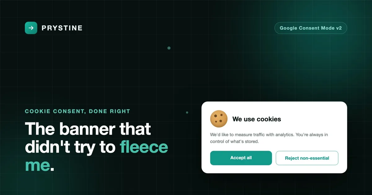 A cookie consent banner with Accept and Reject buttons, wired up with Google Consent Mode v2