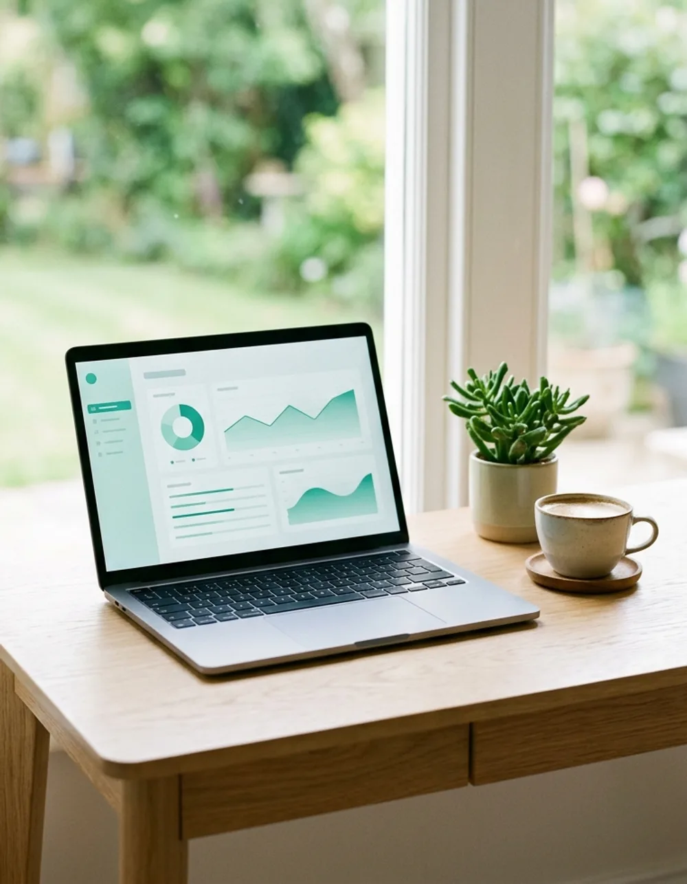 A laptop on a bright desk showing a clean website dashboard
