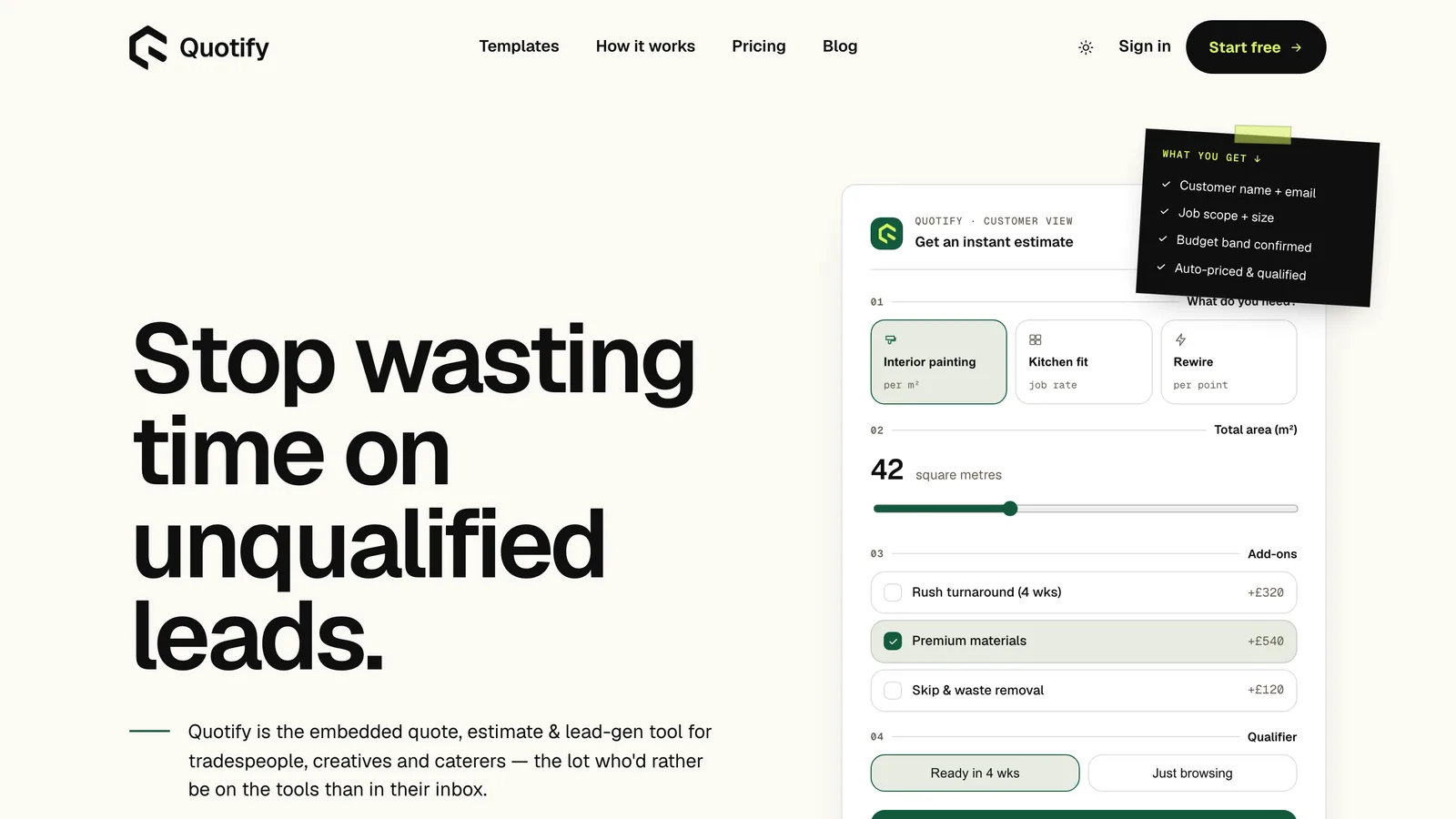 Quotify, a quote, estimate & lead-gen tool designed and built by Prystine