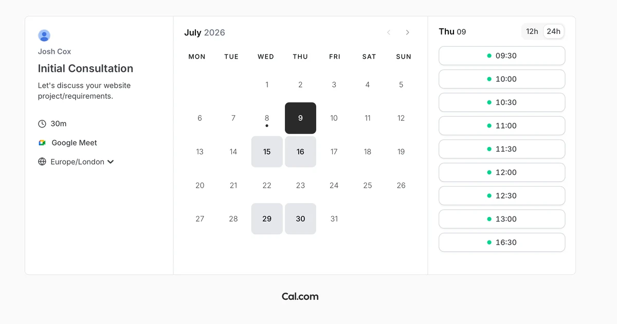 A Cal.com booking page: pick a date and time for an initial consultation