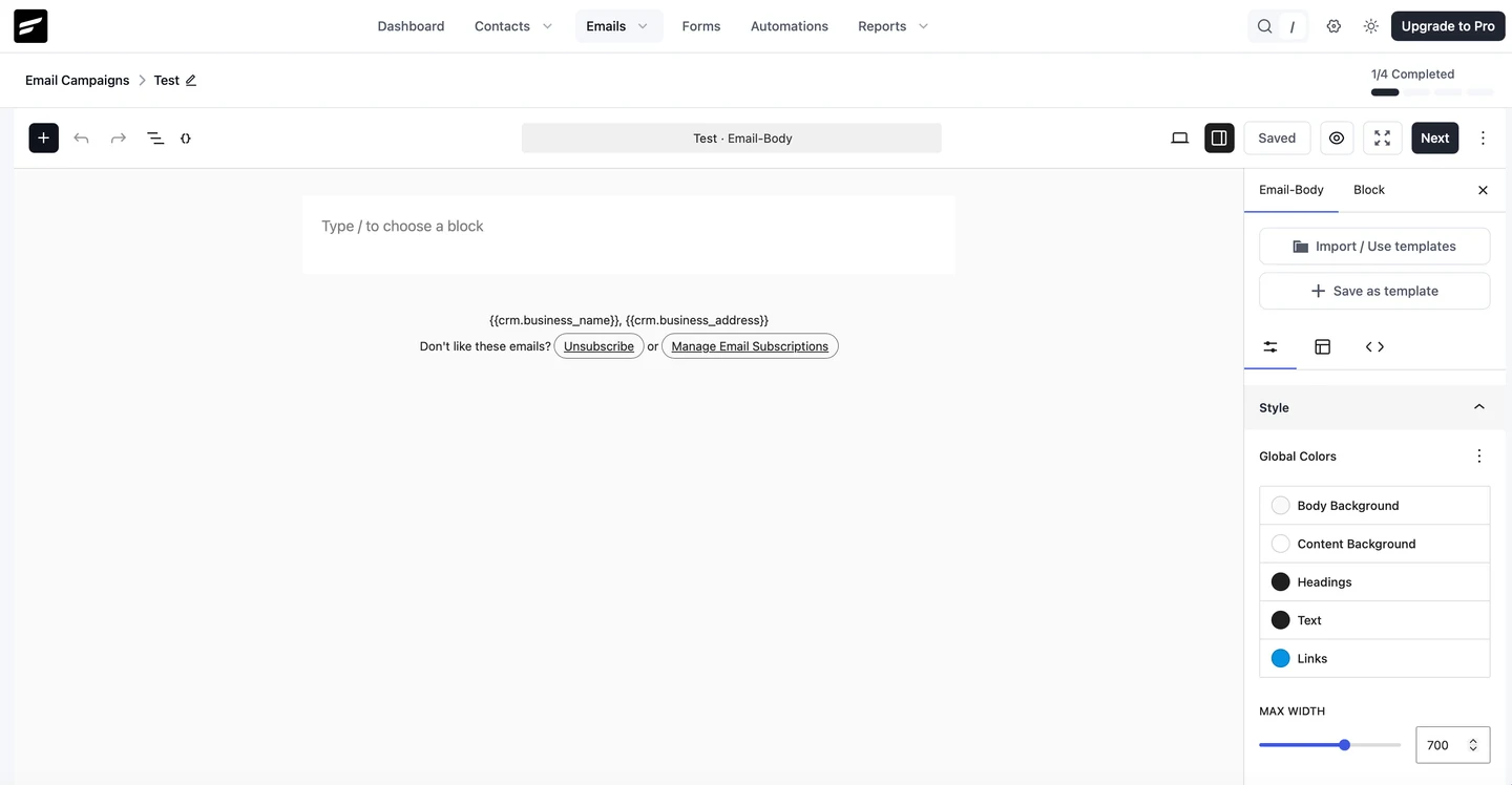Building an email campaign in FluentCRM's block-based editor