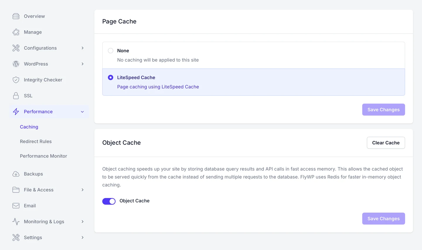 FlyWP's performance panel: LiteSpeed page caching and Redis object caching