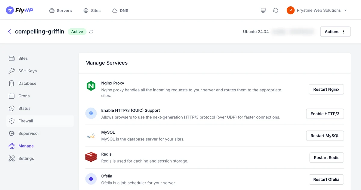 The FlyWP dashboard managing a server's services: Nginx, HTTP/3, MySQL, Redis and more
