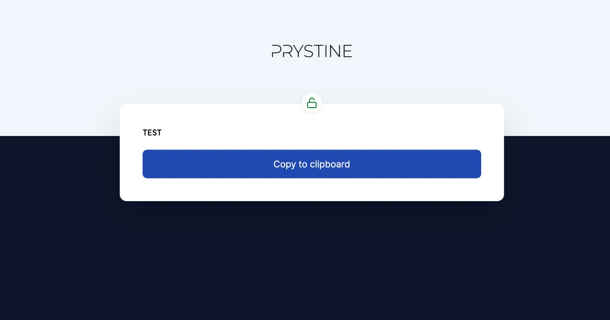 An InPrivy secret-reveal page under Prystine's own branding: white-label secure sharing