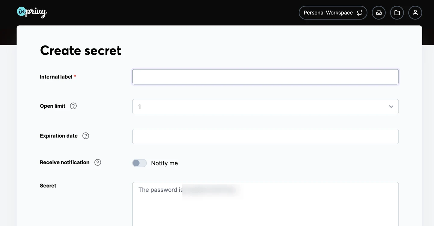 Creating a secret in InPrivy: internal label, open limit, expiry date and the secret itself