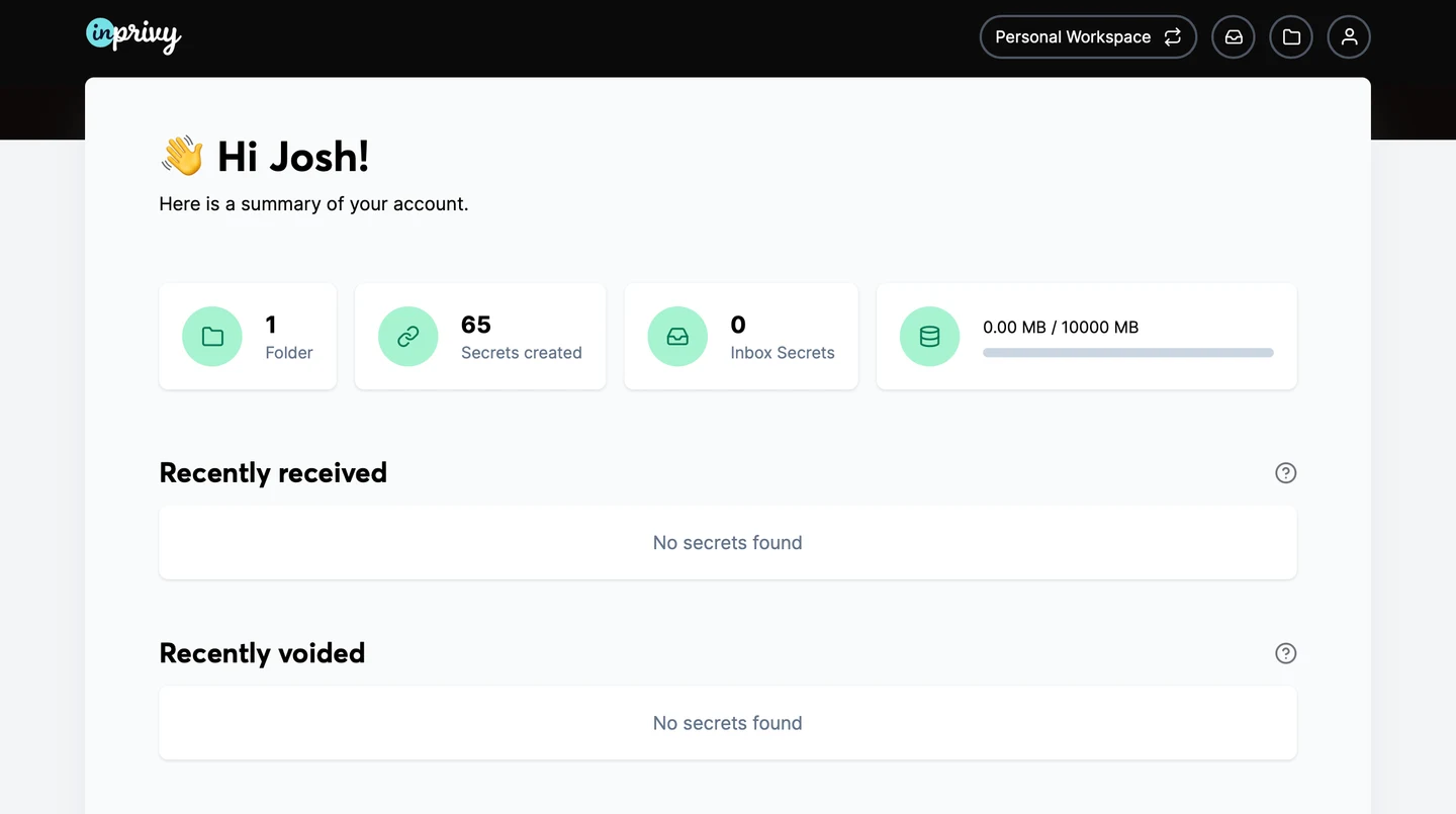The InPrivy dashboard showing a summary of secrets created and storage used