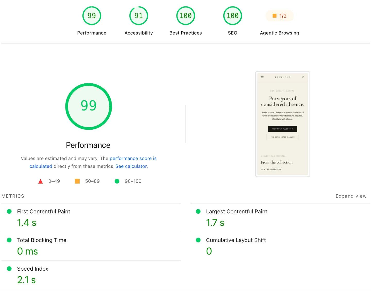 A near-perfect mobile PageSpeed result: Performance 99, all-green Core Web Vitals