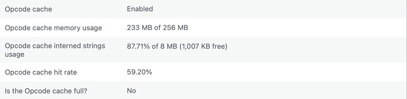 WordPress Site Health showing a healthy OPcache: 256MB of memory, not full, with a solid hit rate