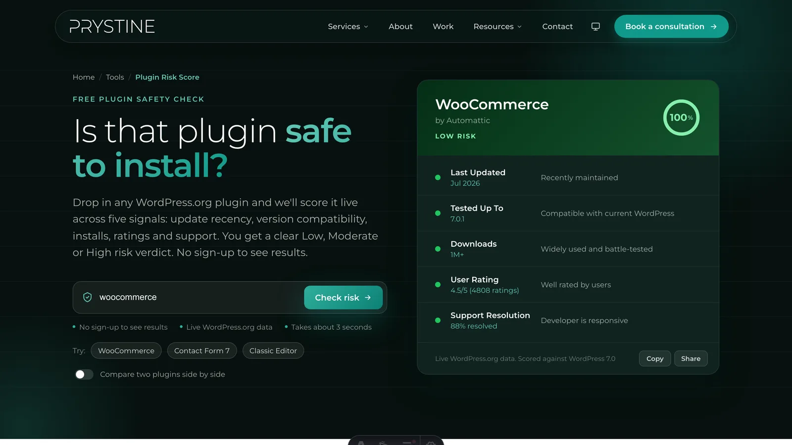 The Plugin Risk Score tool scoring a plugin