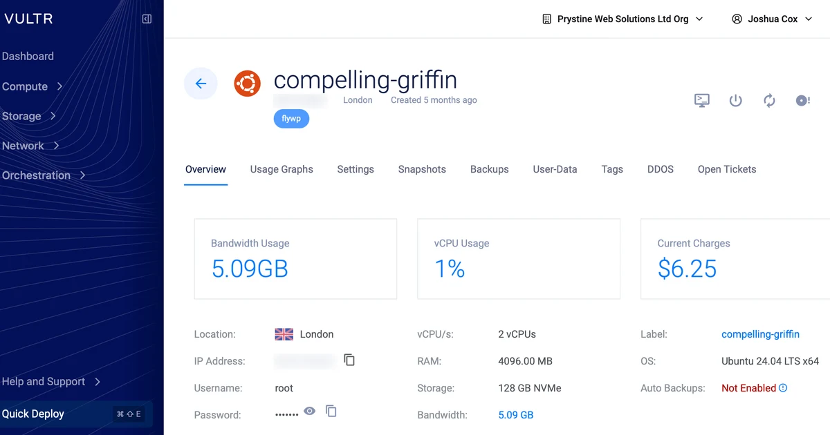 A Vultr High Frequency server in the dashboard: 2 vCPUs, 4GB RAM, London, running from a few pounds a month