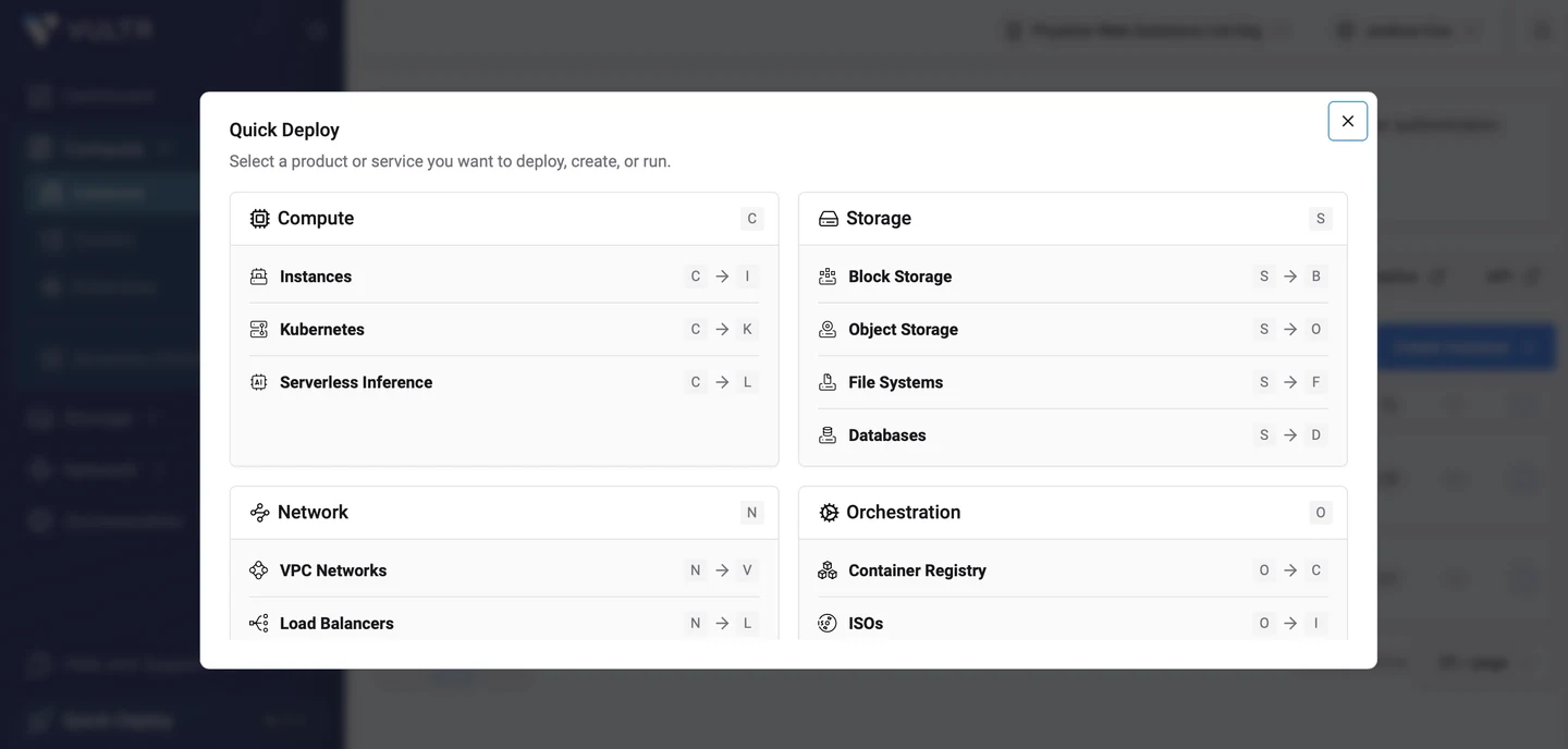 Vultr's Quick Deploy menu: compute, storage, networking and orchestration products